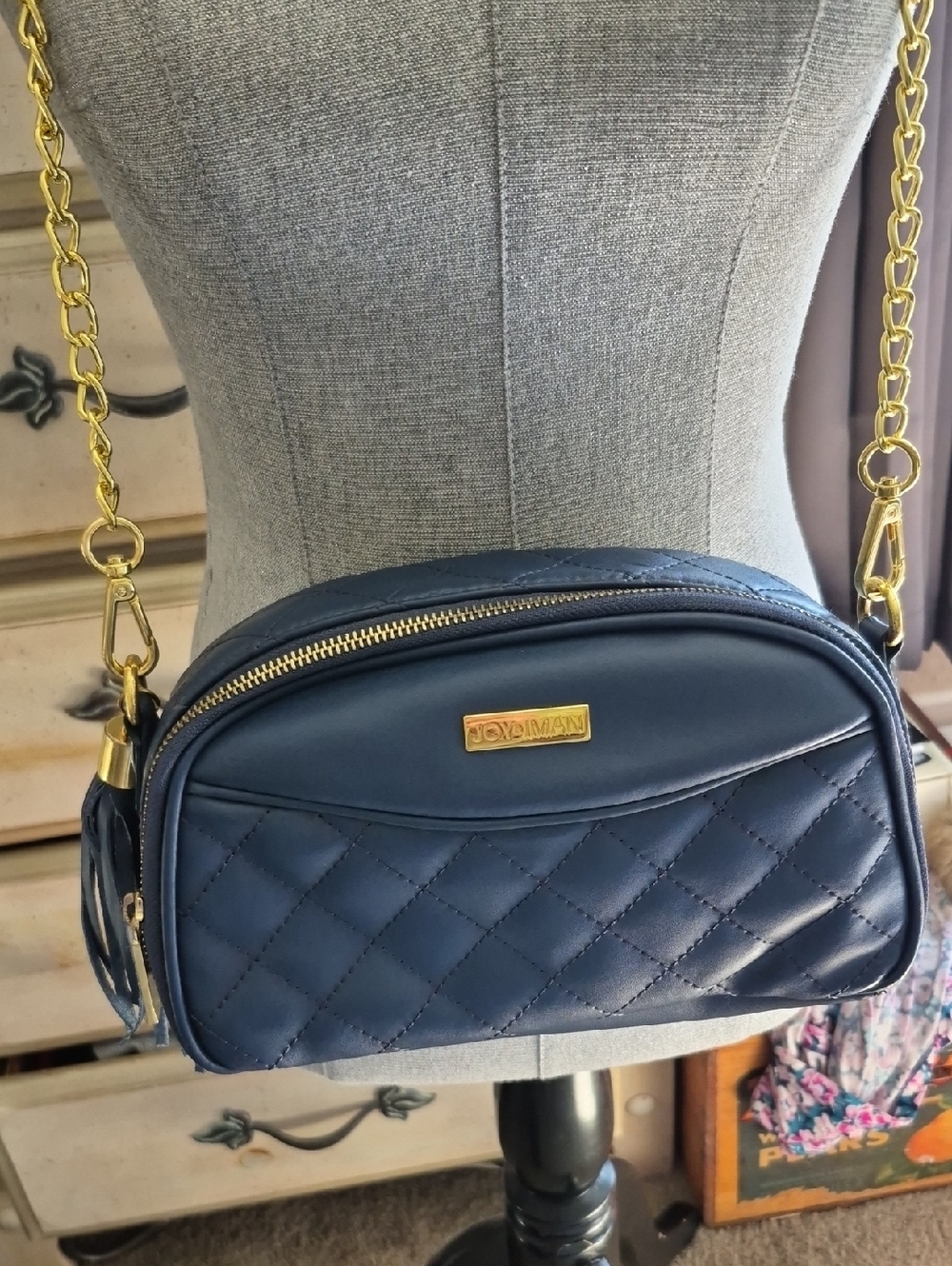 Joy & Iman Navy Quilted Crossbody with Gold Chain